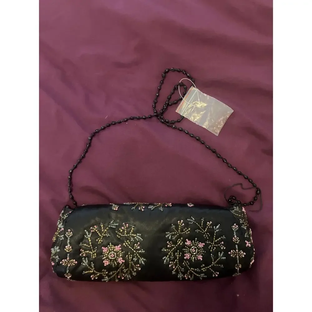 Vintage Y2K Black Beaded Satin Purse SPECIAL EVENT FORMAL PROM